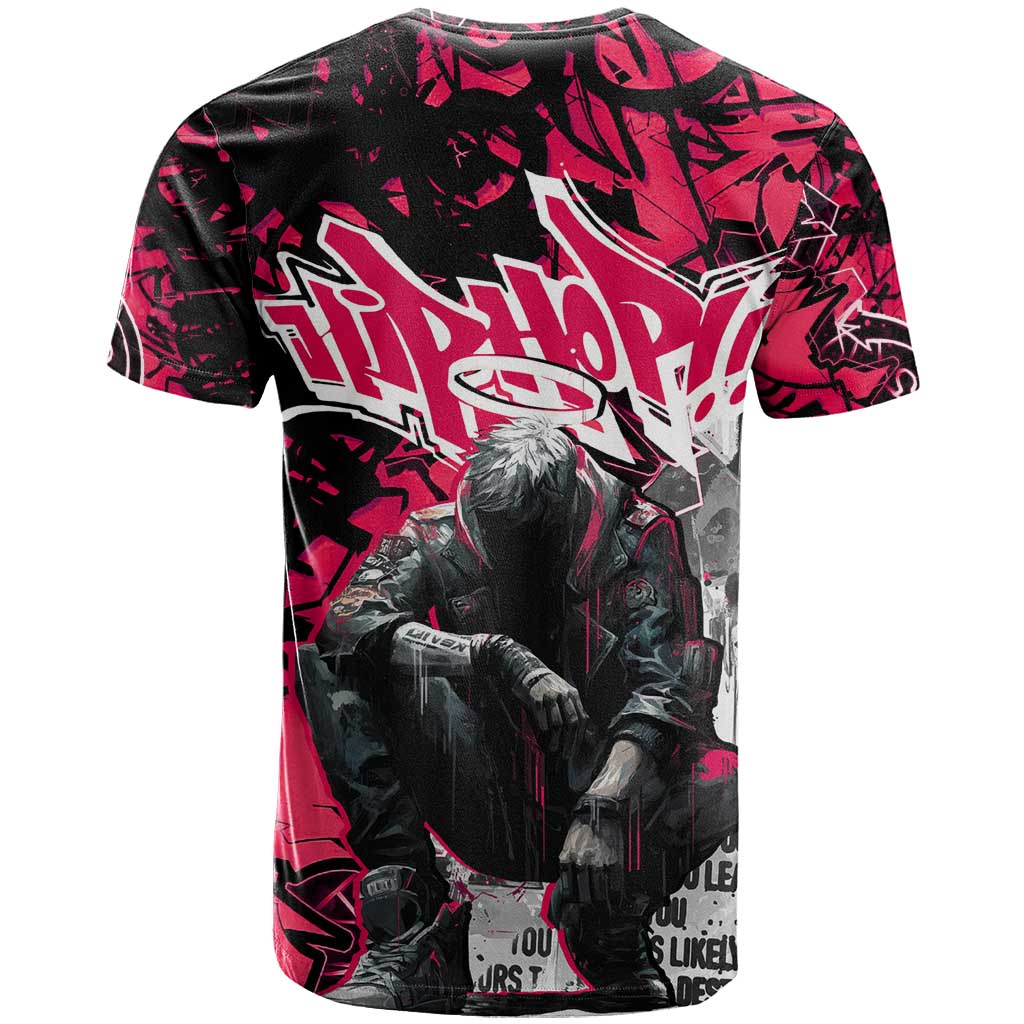 Hip Hop Graffiti Design T Shirt Sitting Hooded Figure and Red Black Street Art Elements - Wonder Print Shop