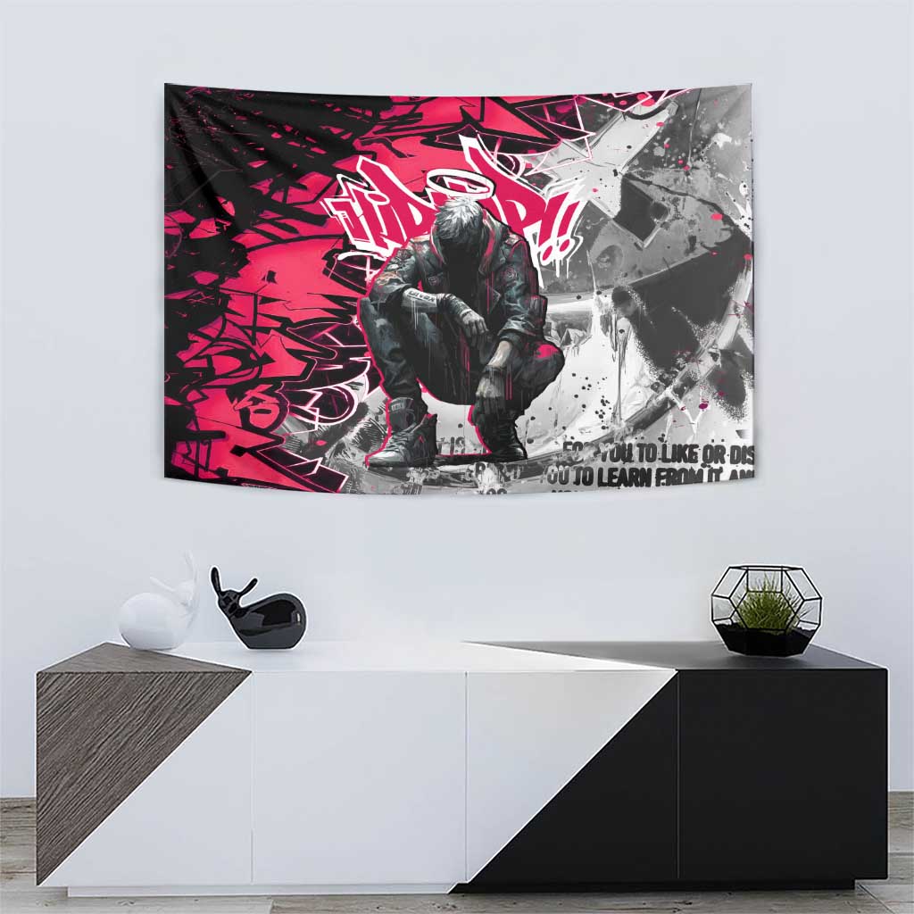 Hip Hop Graffiti Design Tapestry Sitting Hooded Figure and Red Black Street Art Elements - Wonder Print Shop