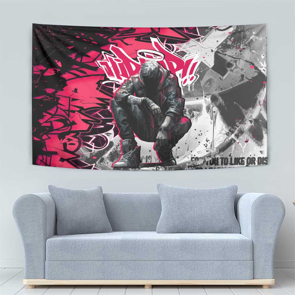 Hip Hop Graffiti Design Tapestry Sitting Hooded Figure and Red Black Street Art Elements - Wonder Print Shop