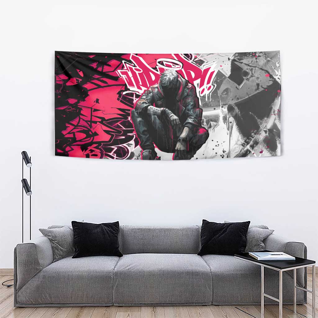 Hip Hop Graffiti Design Tapestry Sitting Hooded Figure and Red Black Street Art Elements - Wonder Print Shop