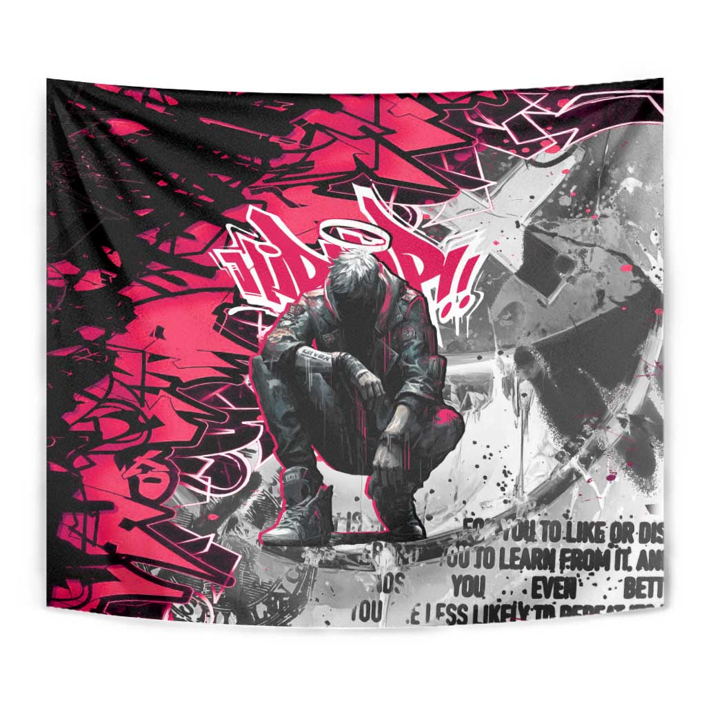 Hip Hop Graffiti Design Tapestry Sitting Hooded Figure and Red Black Street Art Elements - Wonder Print Shop