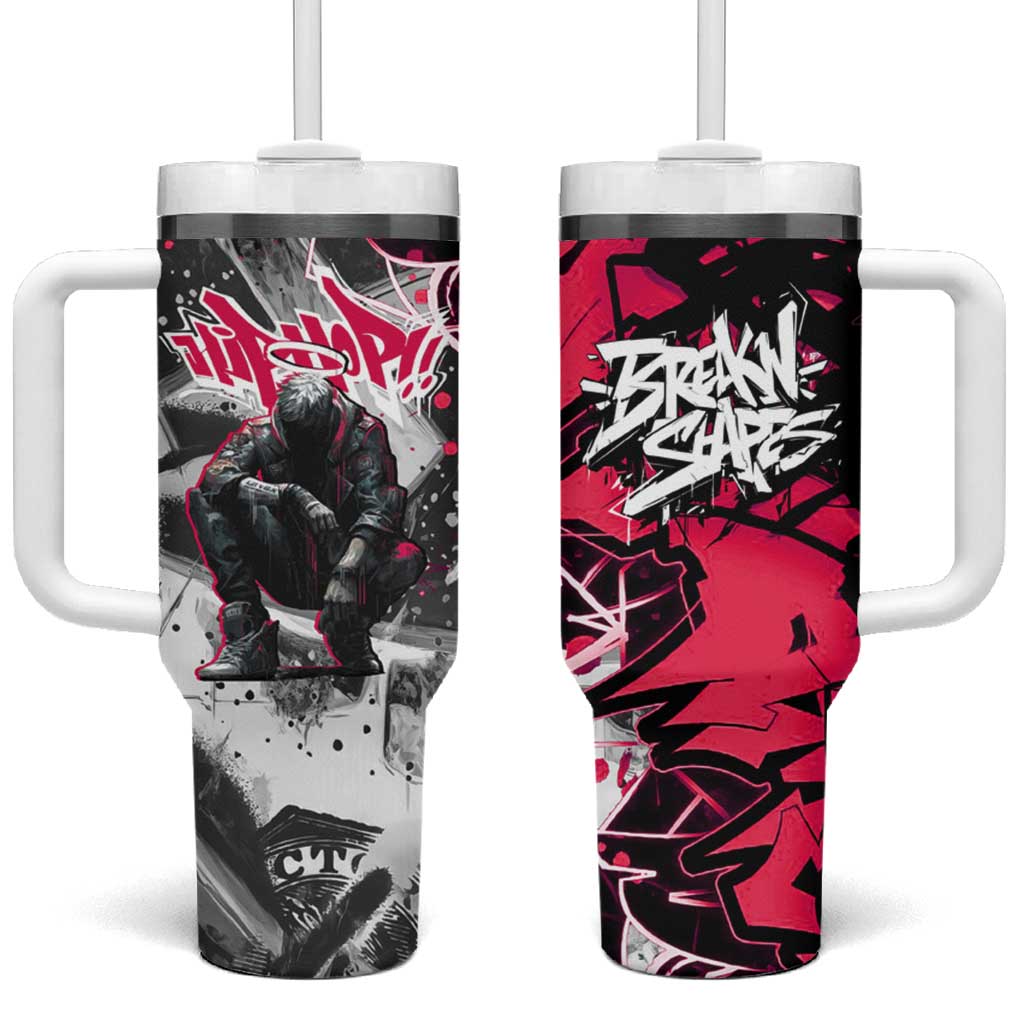 Hip Hop Graffiti Design Tumbler With Handle Sitting Hooded Figure and Red Black Street Art Elements - Wonder Print Shop
