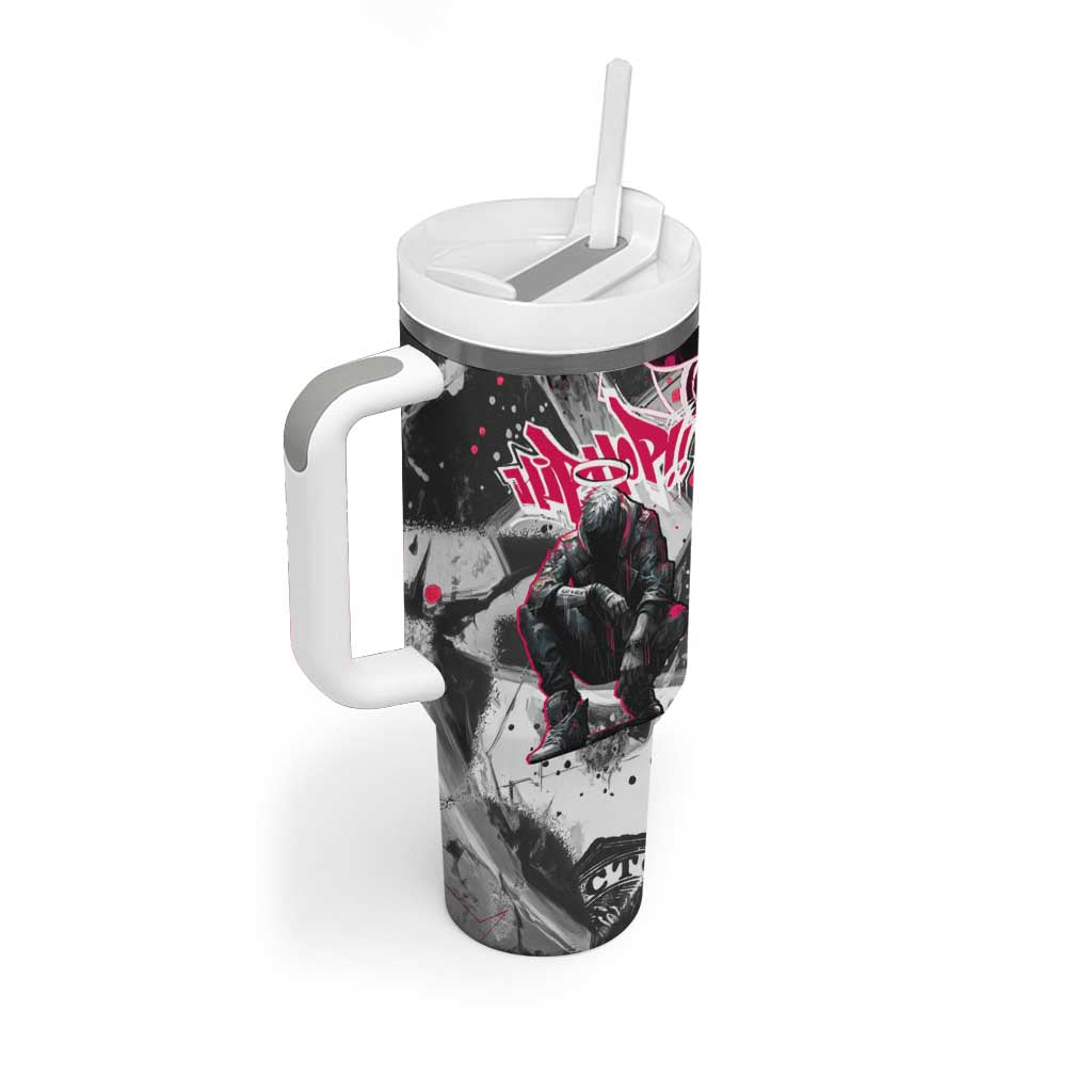 Hip Hop Graffiti Design Tumbler With Handle Sitting Hooded Figure and Red Black Street Art Elements - Wonder Print Shop