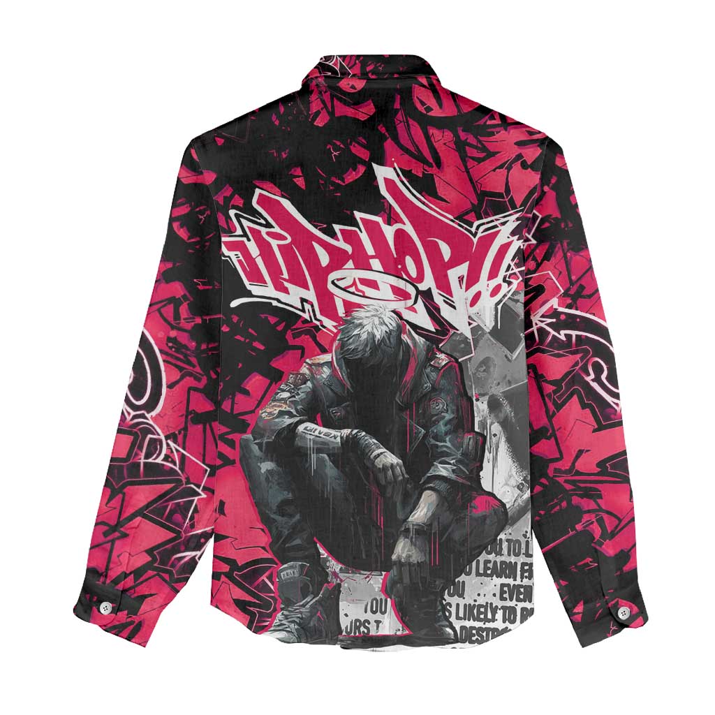 Hip Hop Graffiti Design Women Casual Shirt Sitting Hooded Figure and Red Black Street Art Elements - Wonder Print Shop