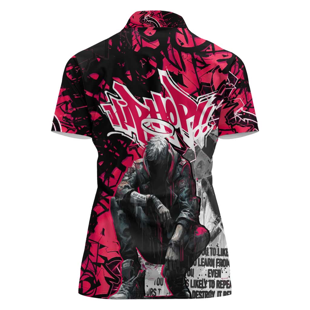 Hip Hop Graffiti Design Women Polo Shirt Sitting Hooded Figure and Red Black Street Art Elements - Wonder Print Shop