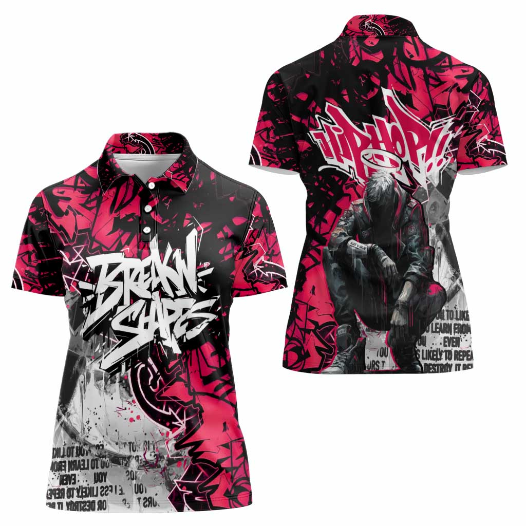 Hip Hop Graffiti Design Women Polo Shirt Sitting Hooded Figure and Red Black Street Art Elements - Wonder Print Shop