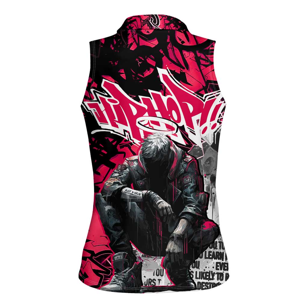 Hip Hop Graffiti Design Women Sleeveless Polo Shirt Sitting Hooded Figure and Red Black Street Art Elements - Wonder Print Shop