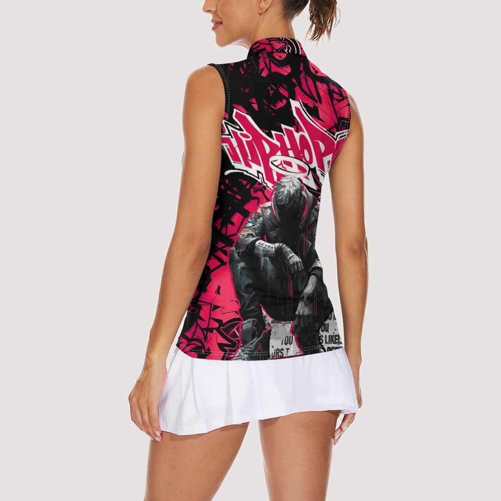 Hip Hop Graffiti Design Women Sleeveless Polo Shirt Sitting Hooded Figure and Red Black Street Art Elements - Wonder Print Shop