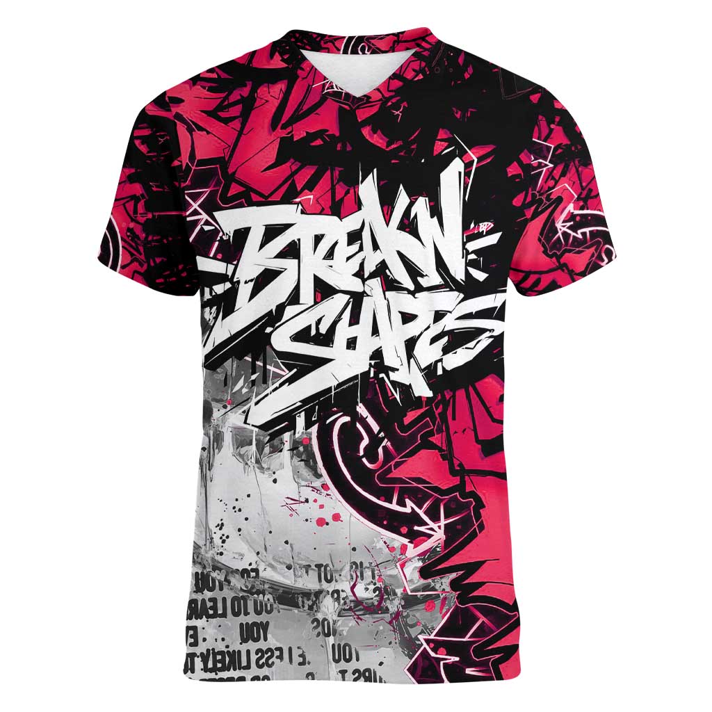 Hip Hop Graffiti Design Women V-Neck T-Shirt Sitting Hooded Figure and Red Black Street Art Elements - Wonder Print Shop