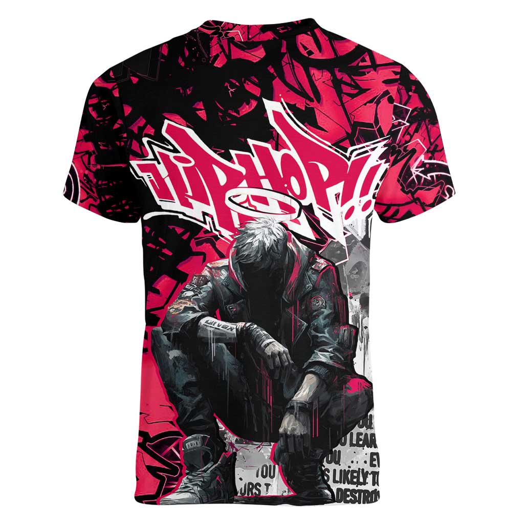 Hip Hop Graffiti Design Women V-Neck T-Shirt Sitting Hooded Figure and Red Black Street Art Elements - Wonder Print Shop