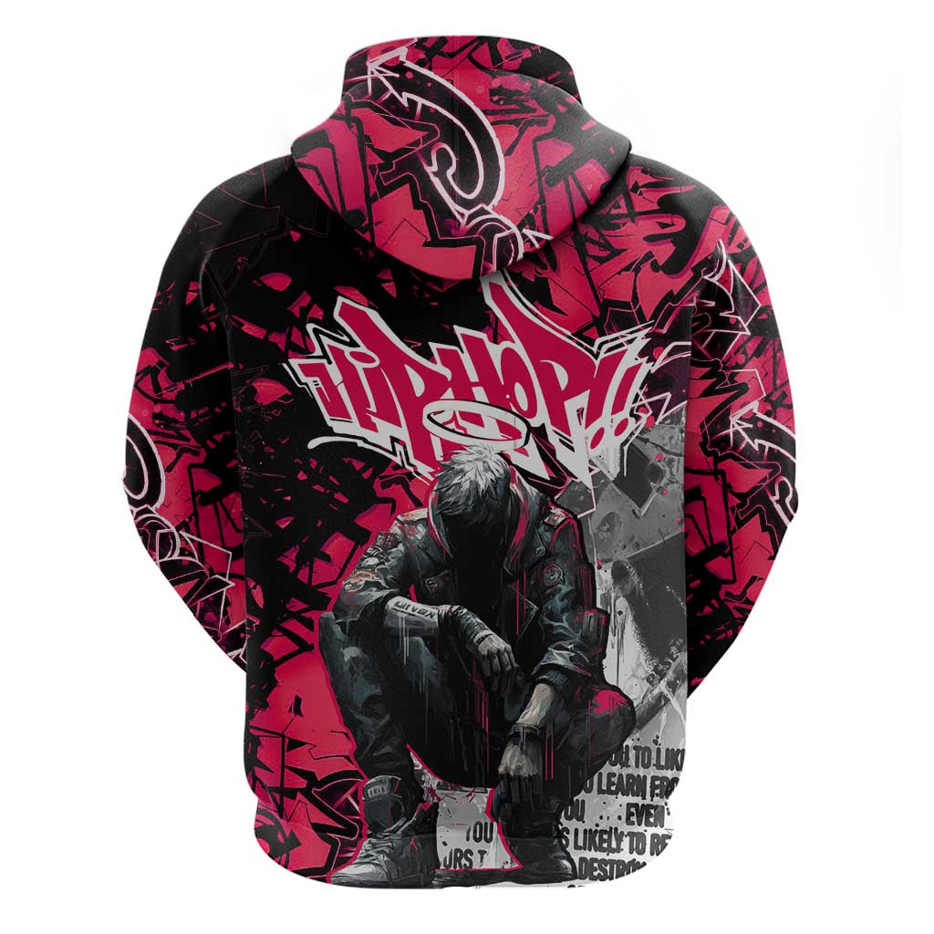 Hip Hop Graffiti Design Zip Hoodie Sitting Hooded Figure and Red Black Street Art Elements - Wonder Print Shop