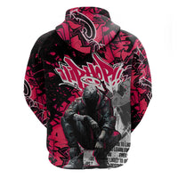 Hip Hop Graffiti Design Zip Hoodie Sitting Hooded Figure and Red Black Street Art Elements - Wonder Print Shop