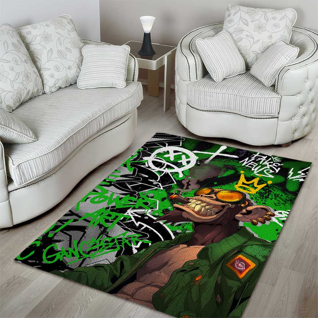 Graffiti Street Art Area Rug Smoking Ape Character and Neon Crown Symbols in Green and Yellow Graphic Design - Wonder Print Shop