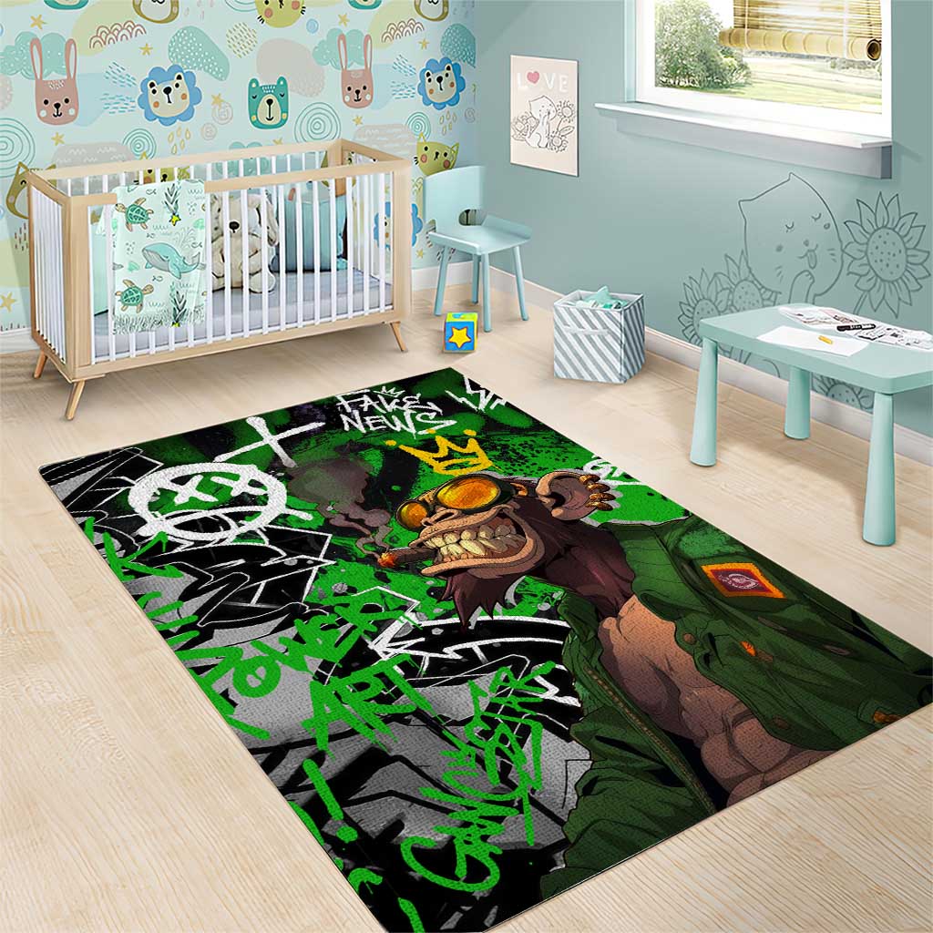 Graffiti Street Art Area Rug Smoking Ape Character and Neon Crown Symbols in Green and Yellow Graphic Design - Wonder Print Shop