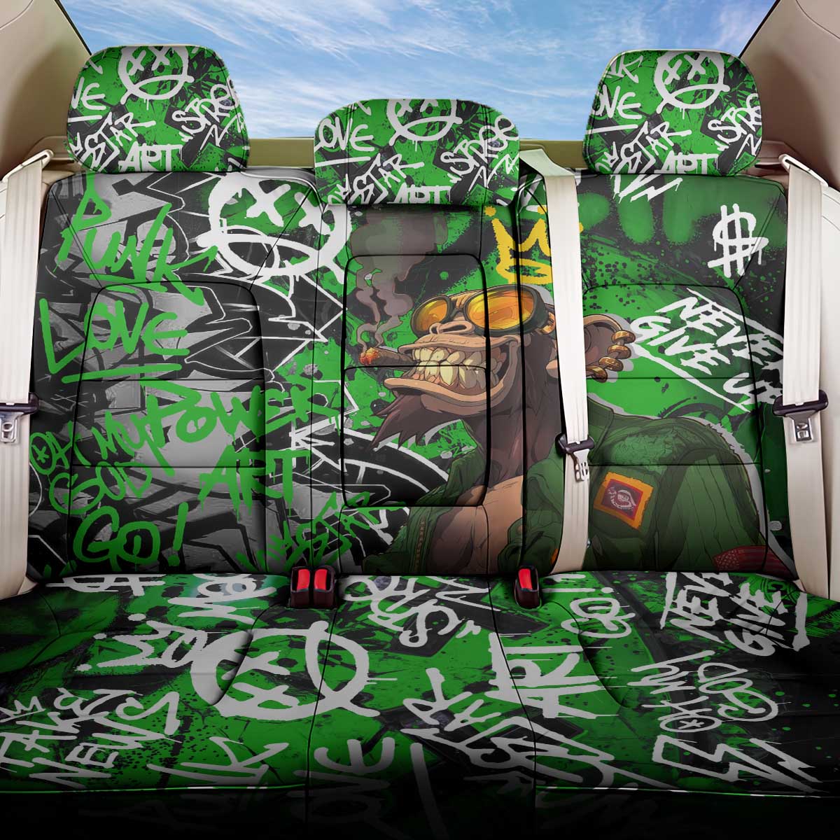 Graffiti Street Art Back Car Seat Cover Smoking Ape Character and Neon Crown Symbols in Green and Yellow Graphic Design - Wonder Print Shop