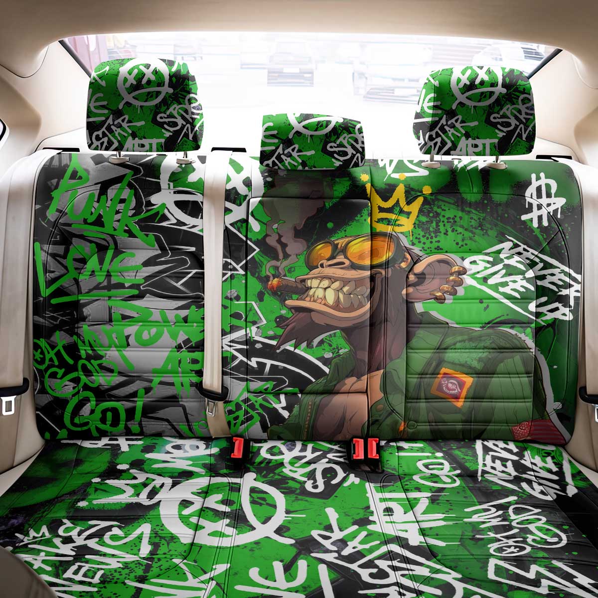 Graffiti Street Art Back Car Seat Cover Smoking Ape Character and Neon Crown Symbols in Green and Yellow Graphic Design - Wonder Print Shop