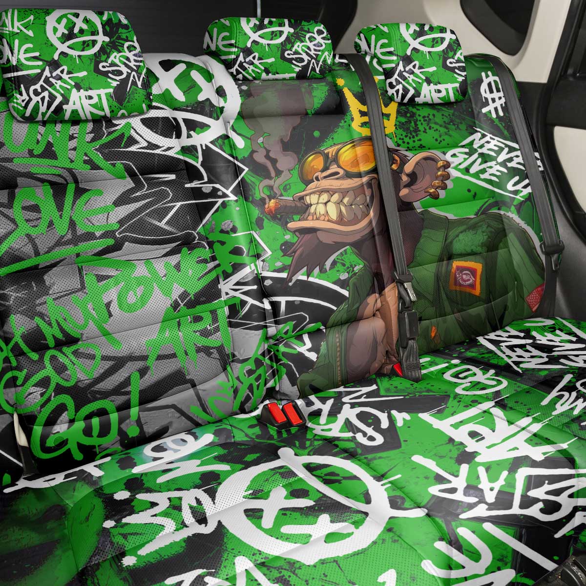 Graffiti Street Art Back Car Seat Cover Smoking Ape Character and Neon Crown Symbols in Green and Yellow Graphic Design - Wonder Print Shop