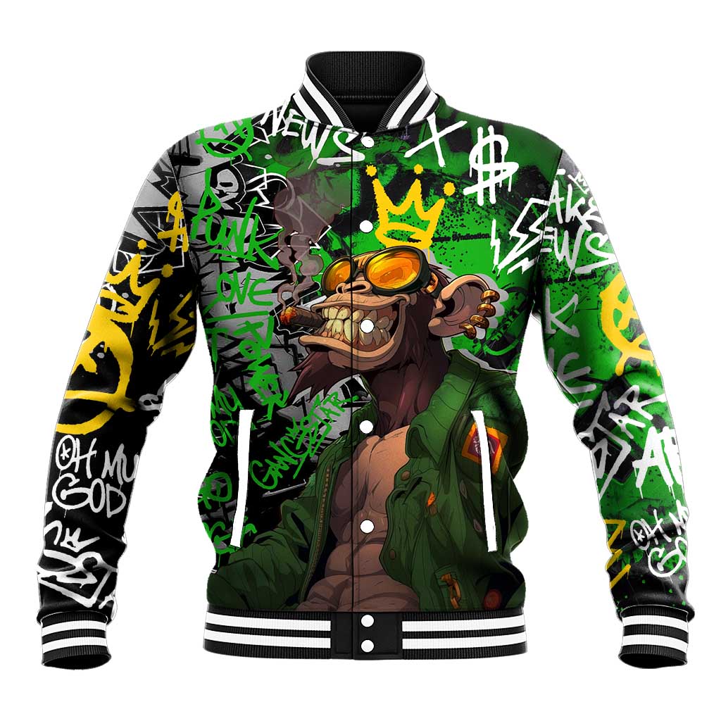 Graffiti Street Art Baseball Jacket Smoking Ape Character and Neon Crown Symbols in Green and Yellow Graphic Design - Wonder Print Shop