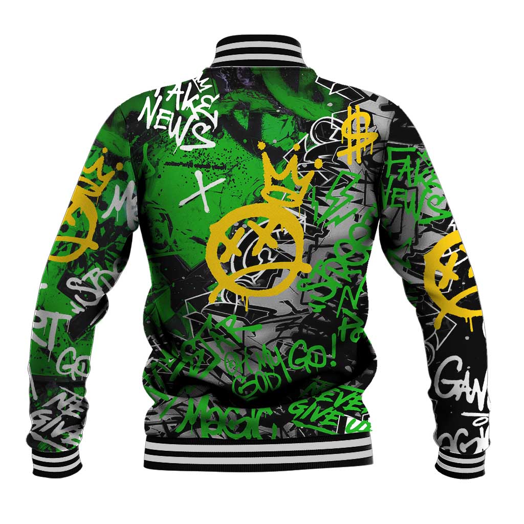 Graffiti Street Art Baseball Jacket Smoking Ape Character and Neon Crown Symbols in Green and Yellow Graphic Design - Wonder Print Shop