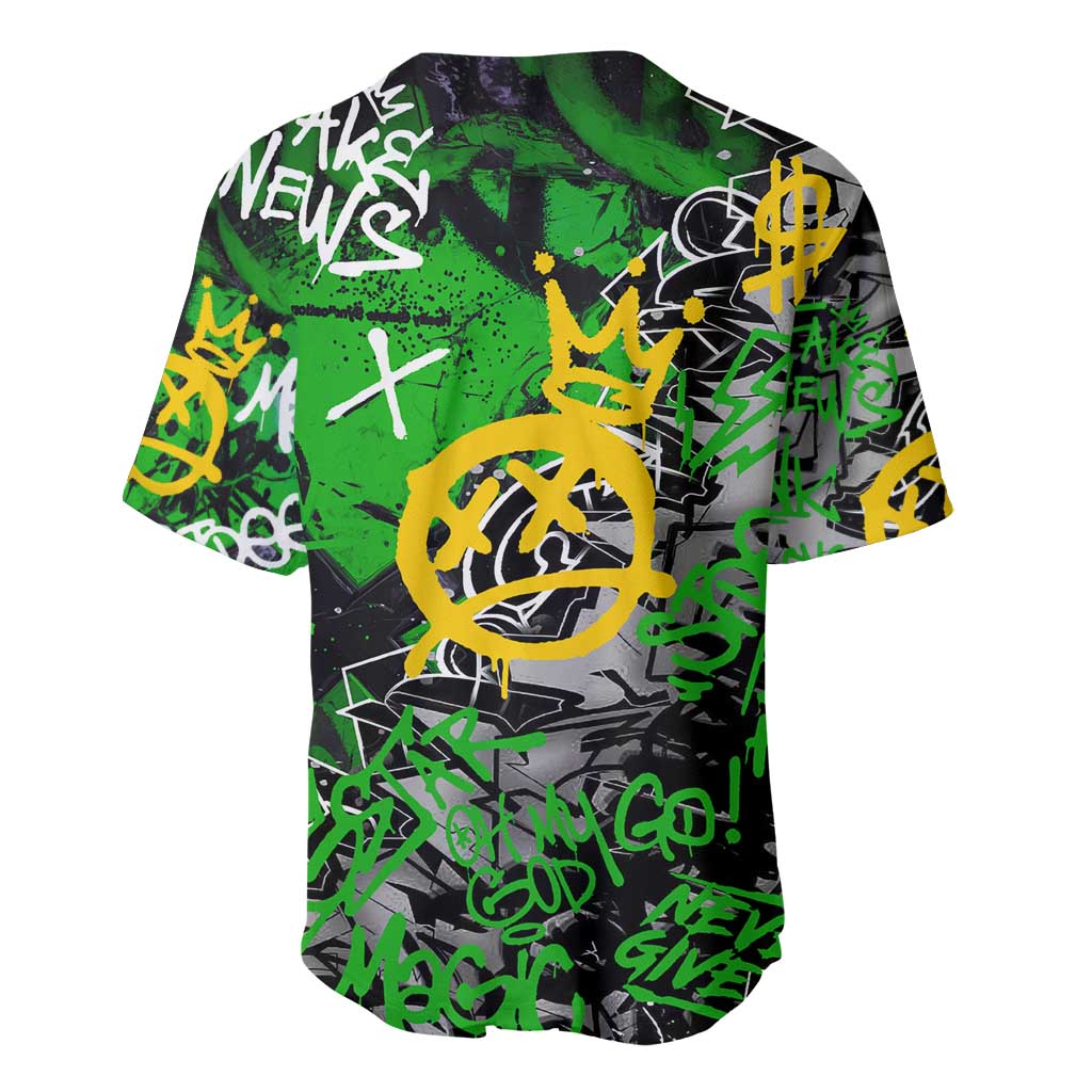 Graffiti Street Art Baseball Jersey Smoking Ape Character and Neon Crown Symbols in Green and Yellow Graphic Design - Wonder Print Shop