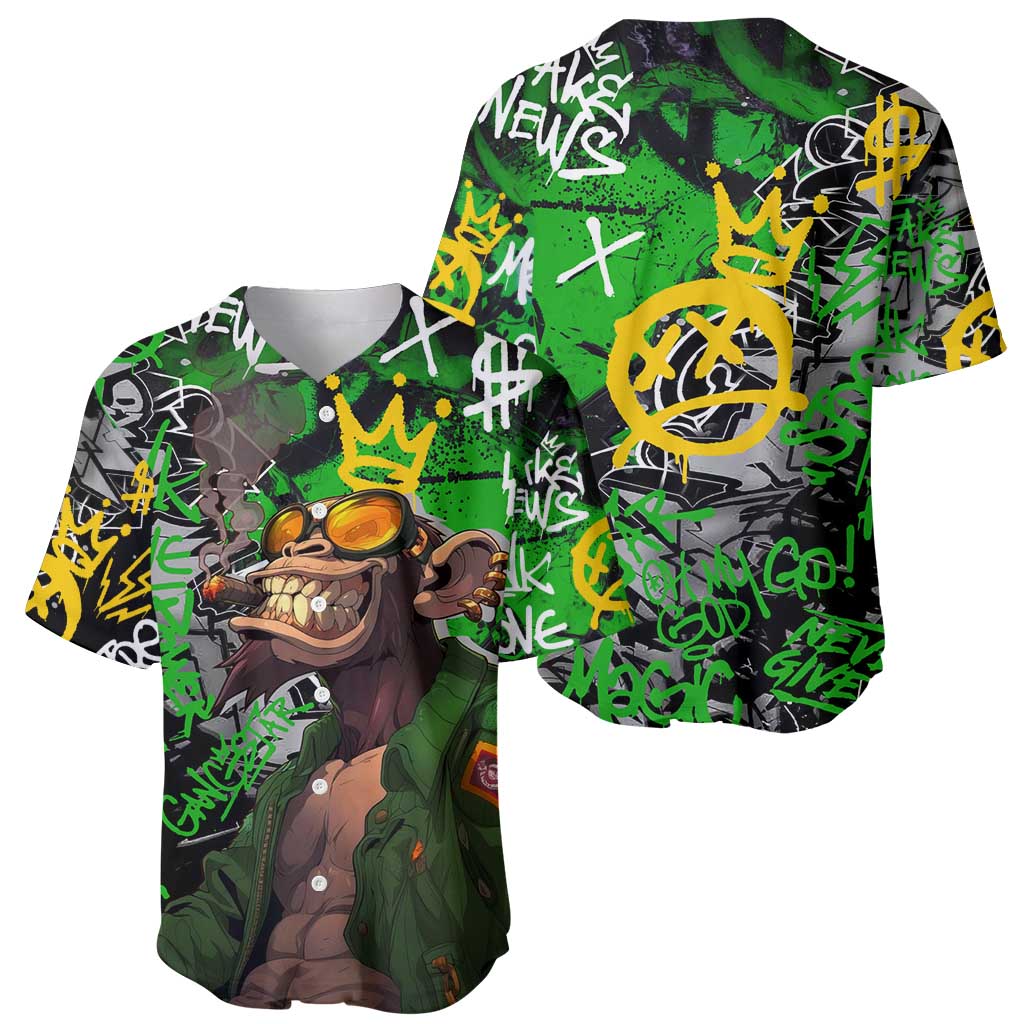 Graffiti Street Art Baseball Jersey Smoking Ape Character and Neon Crown Symbols in Green and Yellow Graphic Design - Wonder Print Shop