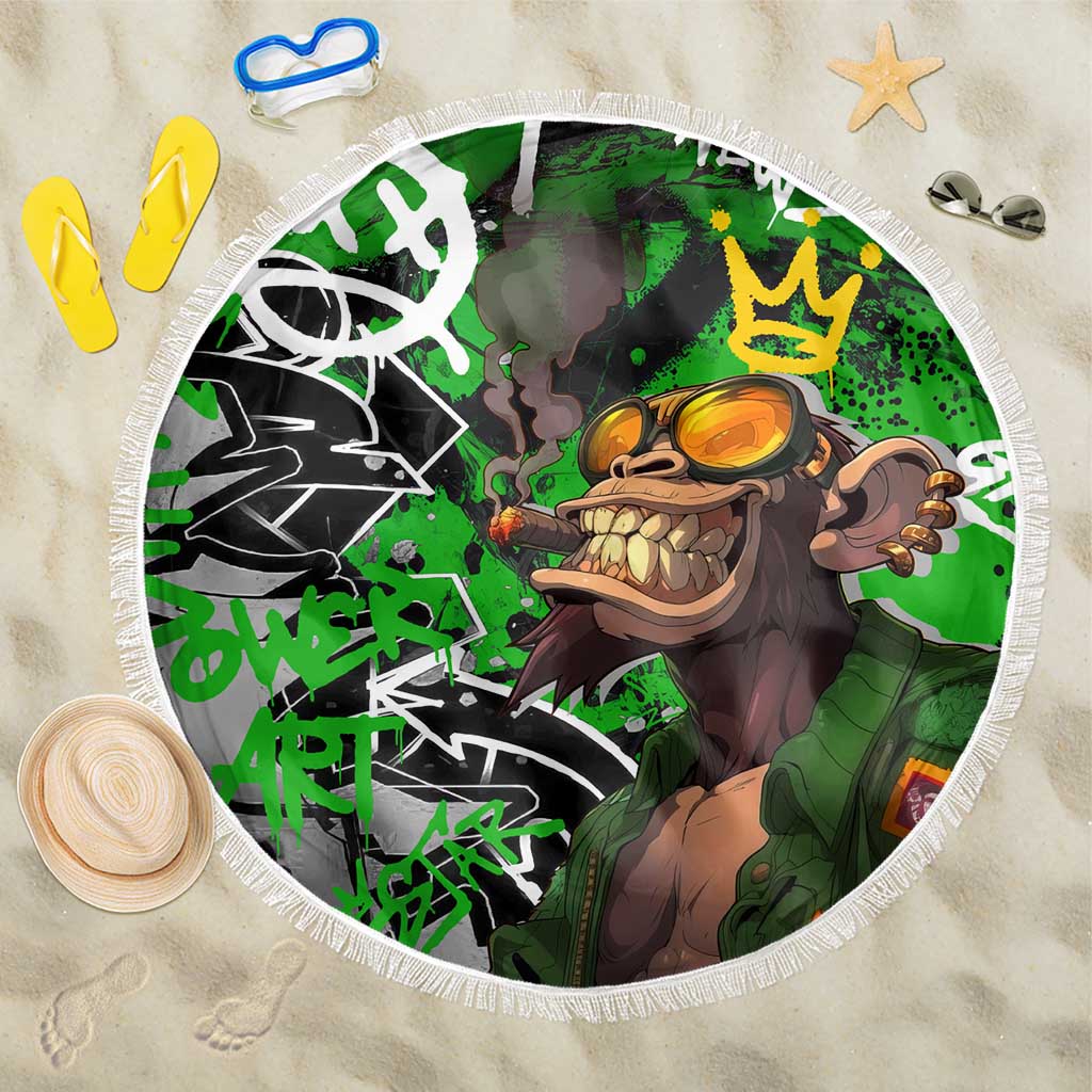 Graffiti Street Art Beach Blanket Smoking Ape Character and Neon Crown Symbols in Green and Yellow Graphic Design - Wonder Print Shop