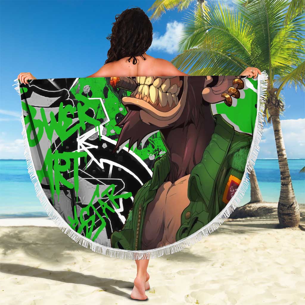 Graffiti Street Art Beach Blanket Smoking Ape Character and Neon Crown Symbols in Green and Yellow Graphic Design - Wonder Print Shop
