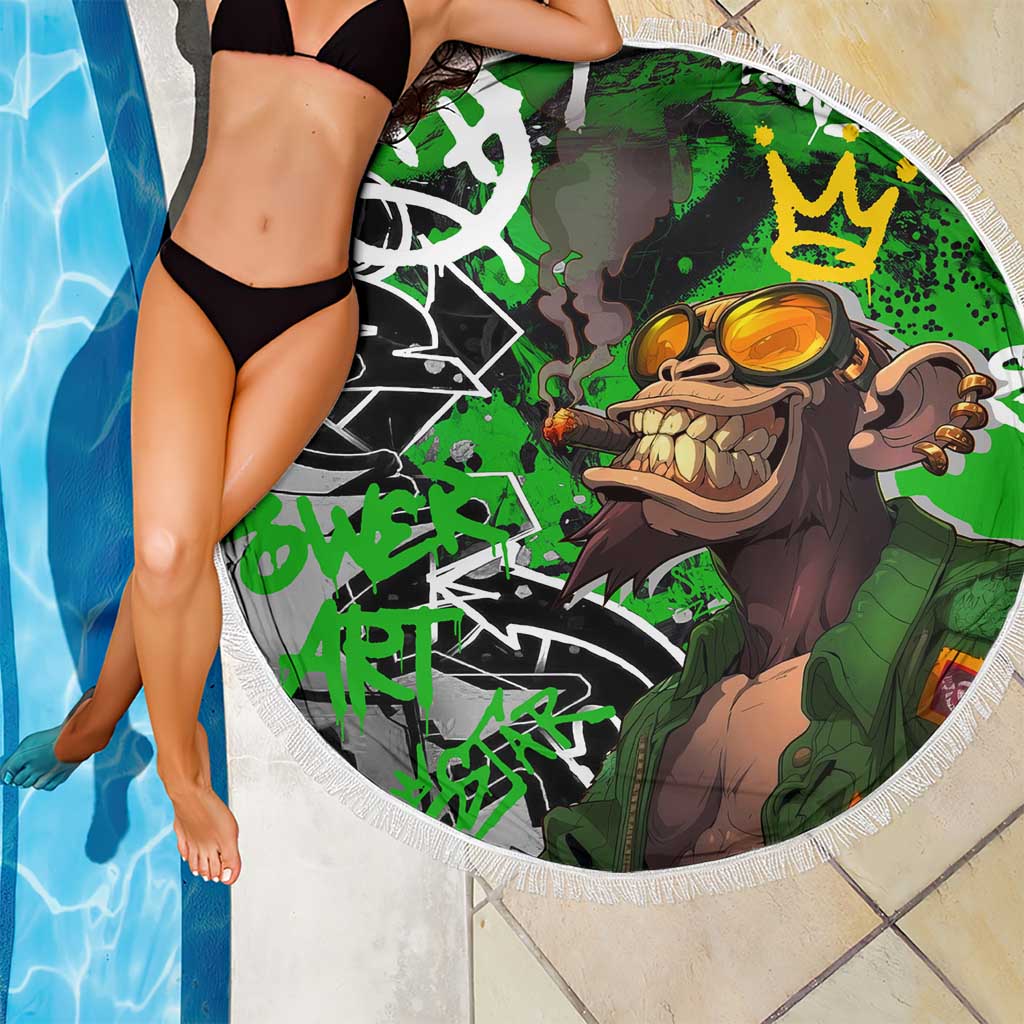 Graffiti Street Art Beach Blanket Smoking Ape Character and Neon Crown Symbols in Green and Yellow Graphic Design - Wonder Print Shop