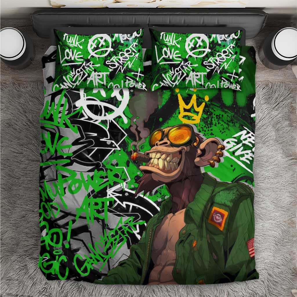 Graffiti Street Art Bedding Set Smoking Ape Character and Neon Crown Symbols in Green and Yellow Graphic Design - Wonder Print Shop