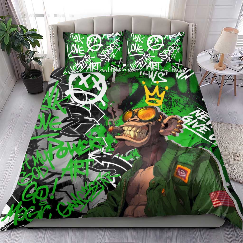 Graffiti Street Art Bedding Set Smoking Ape Character and Neon Crown Symbols in Green and Yellow Graphic Design - Wonder Print Shop