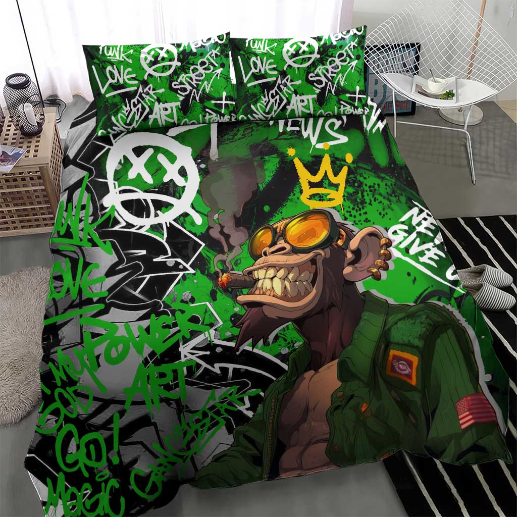 Graffiti Street Art Bedding Set Smoking Ape Character and Neon Crown Symbols in Green and Yellow Graphic Design - Wonder Print Shop