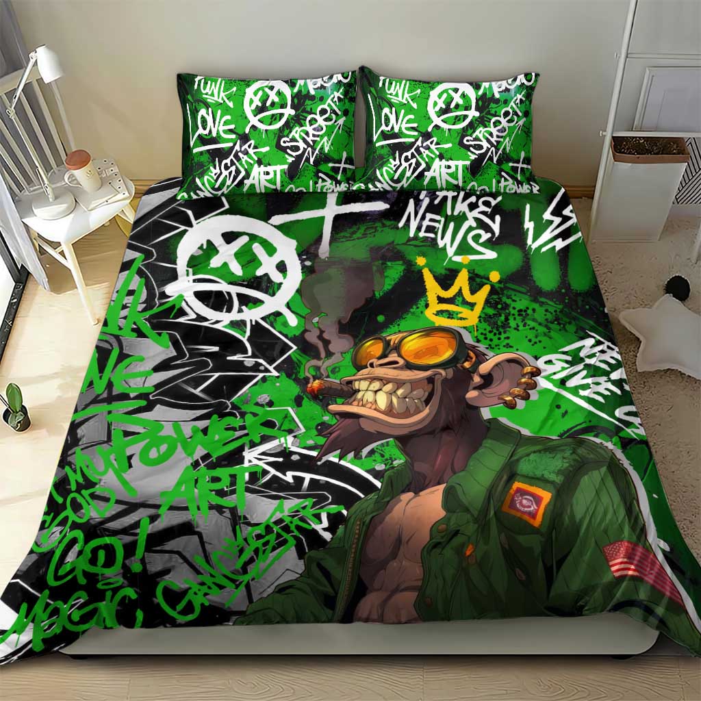 Graffiti Street Art Bedding Set Smoking Ape Character and Neon Crown Symbols in Green and Yellow Graphic Design - Wonder Print Shop
