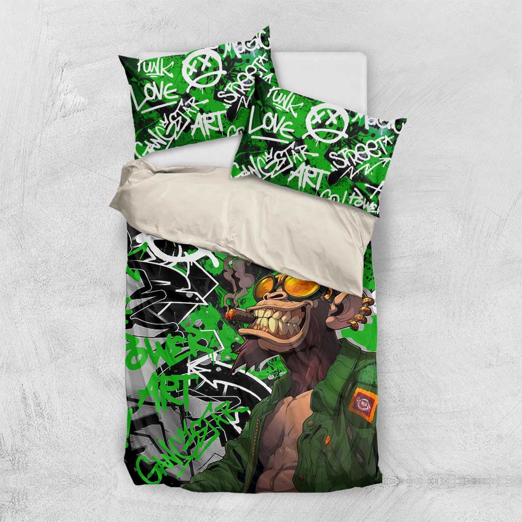 Graffiti Street Art Bedding Set Smoking Ape Character and Neon Crown Symbols in Green and Yellow Graphic Design - Wonder Print Shop