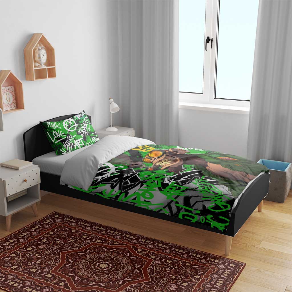 Graffiti Street Art Bedding Set Smoking Ape Character and Neon Crown Symbols in Green and Yellow Graphic Design - Wonder Print Shop