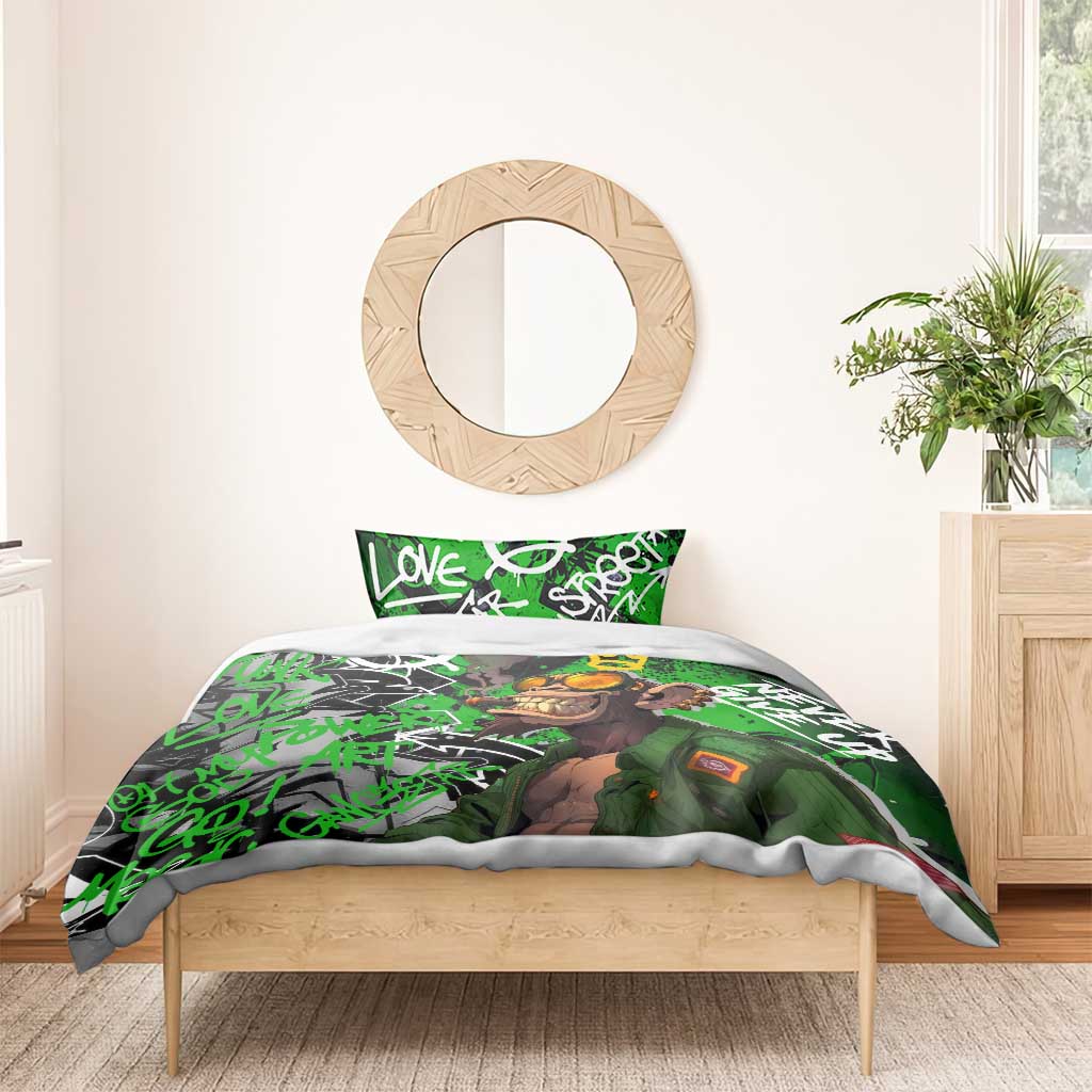 Graffiti Street Art Bedding Set Smoking Ape Character and Neon Crown Symbols in Green and Yellow Graphic Design - Wonder Print Shop