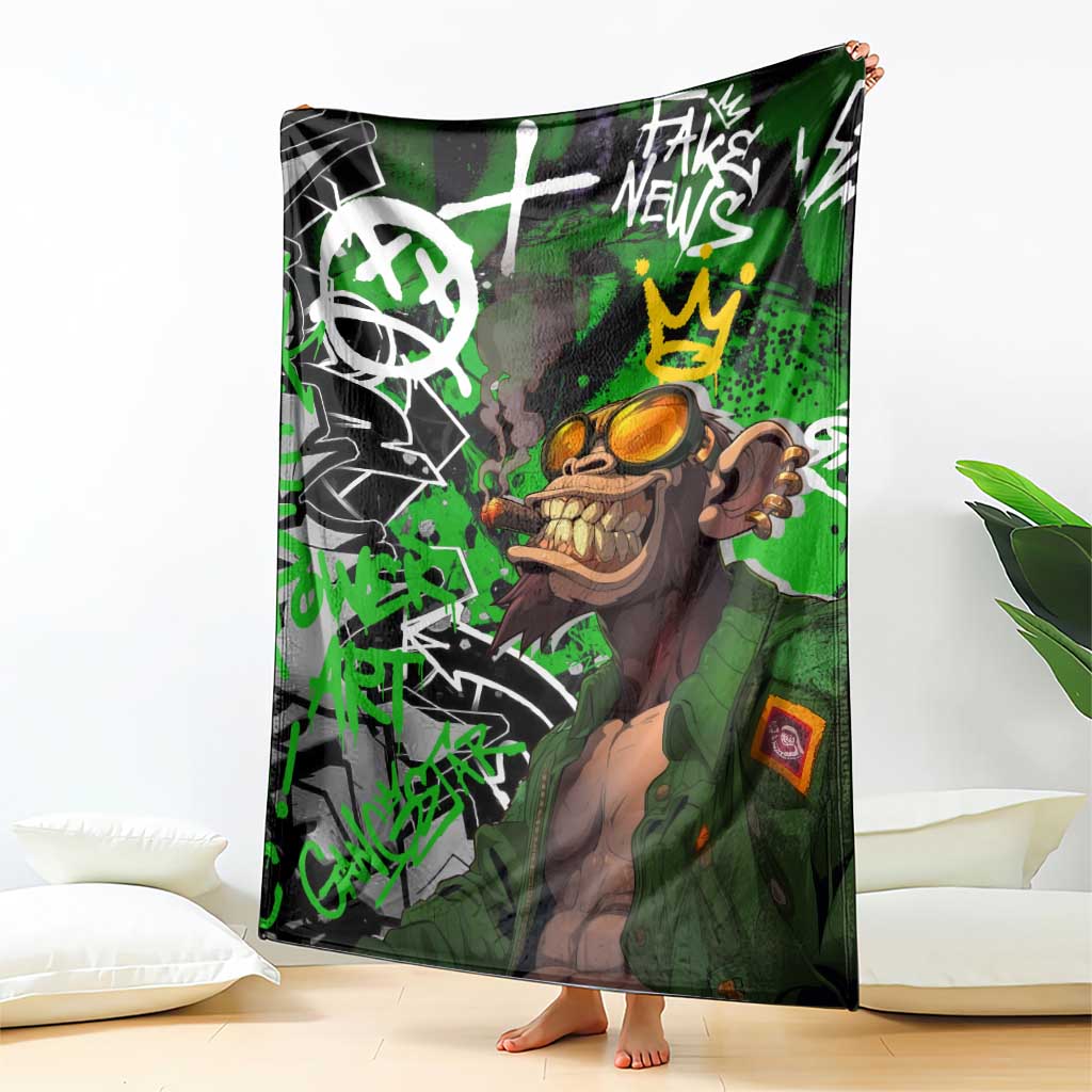 Graffiti Street Art Blanket Smoking Ape Character and Neon Crown Symbols in Green and Yellow Graphic Design - Wonder Print Shop