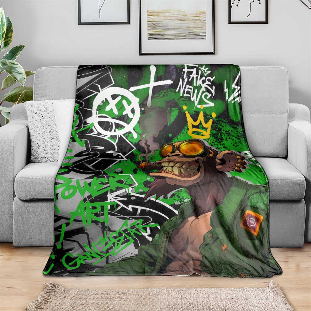 Graffiti Street Art Blanket Smoking Ape Character and Neon Crown Symbols in Green and Yellow Graphic Design - Wonder Print Shop