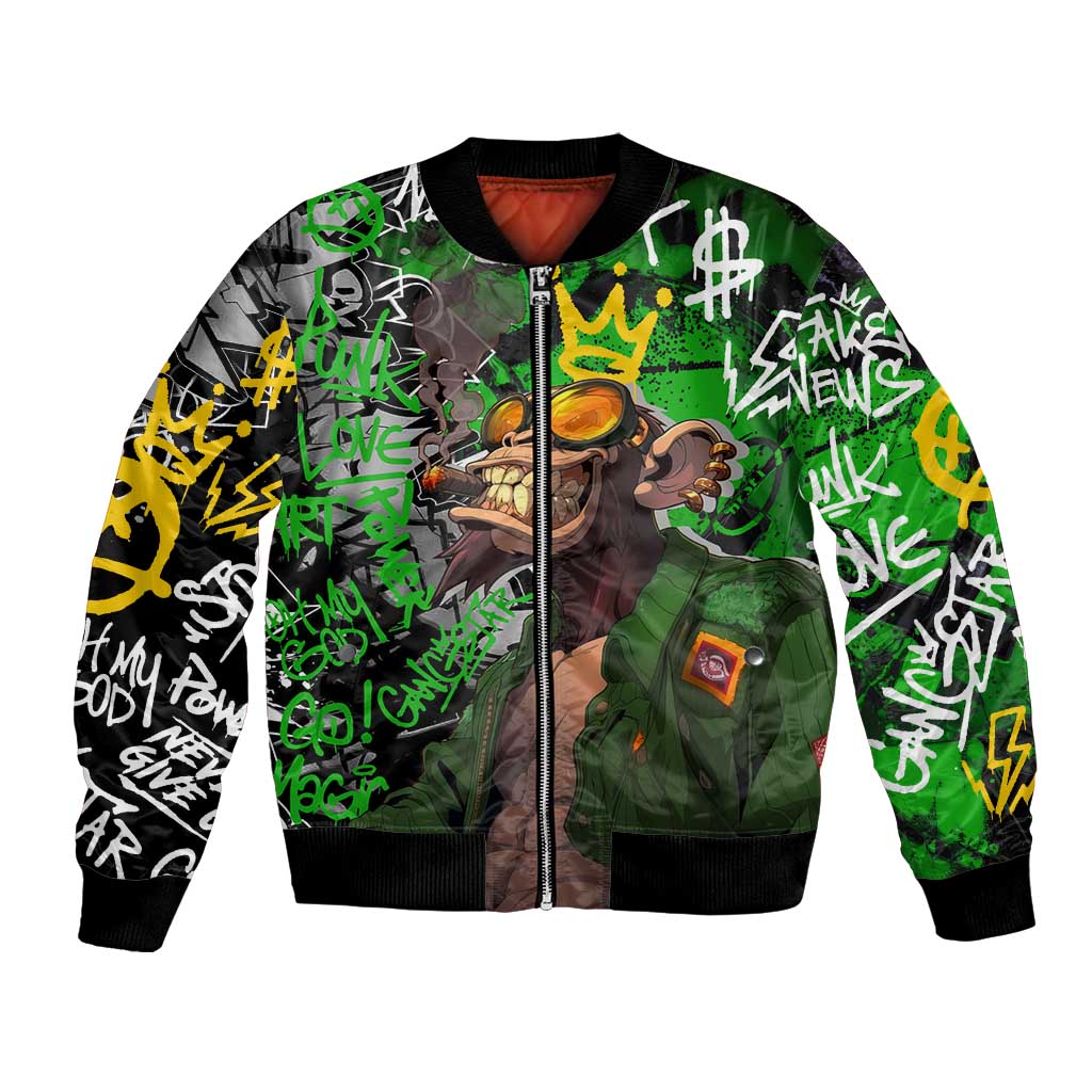 Graffiti Street Art Bomber Jacket Smoking Ape Character and Neon Crown Symbols in Green and Yellow Graphic Design - Wonder Print Shop