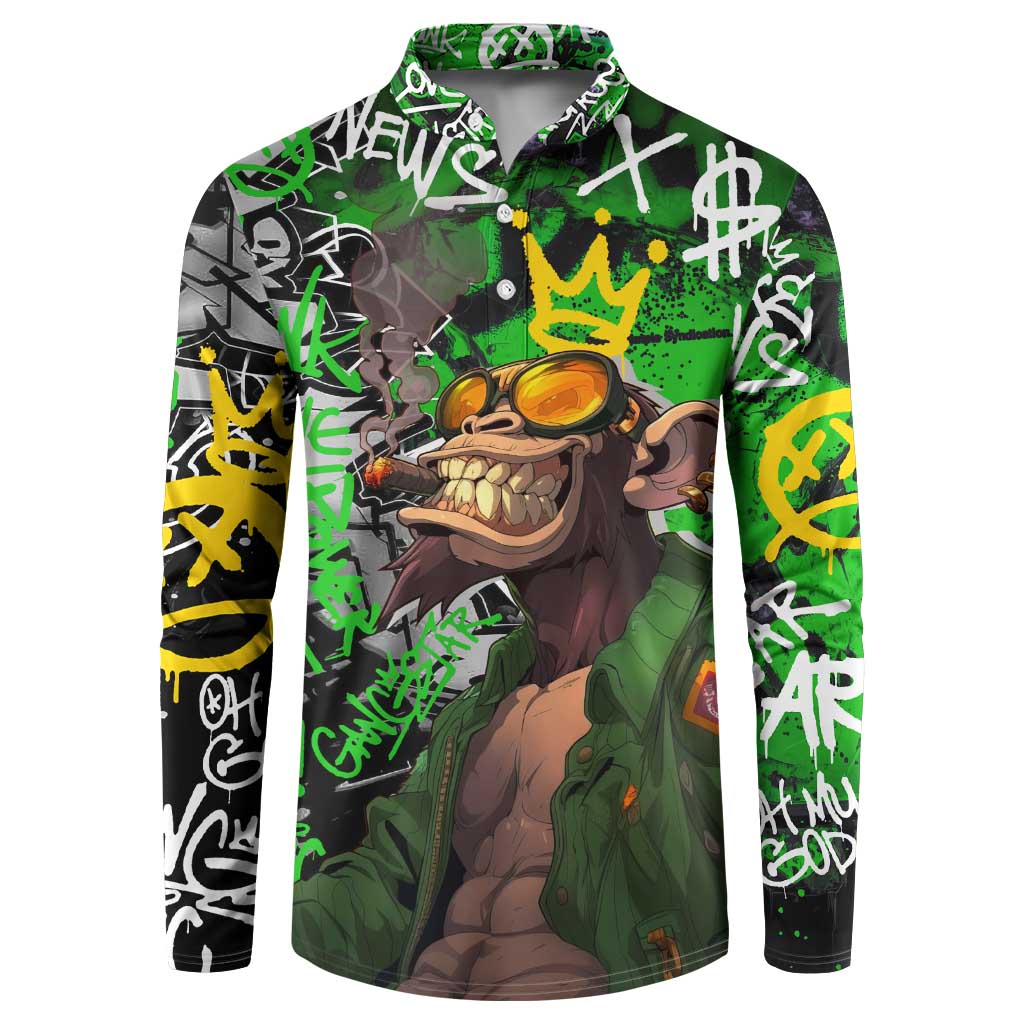Graffiti Street Art Button Sweatshirt Smoking Ape Character and Neon Crown Symbols in Green and Yellow Graphic Design - Wonder Print Shop