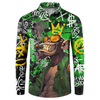 Graffiti Street Art Button Sweatshirt Smoking Ape Character and Neon Crown Symbols in Green and Yellow Graphic Design - Wonder Print Shop