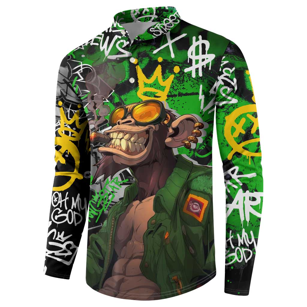 Graffiti Street Art Button Sweatshirt Smoking Ape Character and Neon Crown Symbols in Green and Yellow Graphic Design - Wonder Print Shop