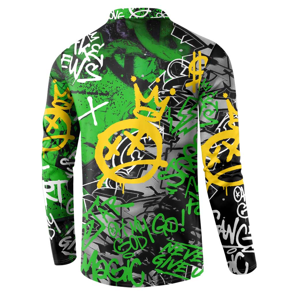 Graffiti Street Art Button Sweatshirt Smoking Ape Character and Neon Crown Symbols in Green and Yellow Graphic Design - Wonder Print Shop