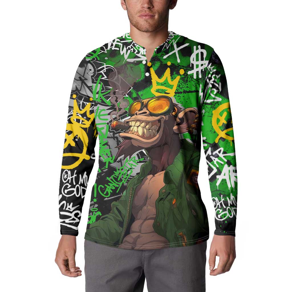 Graffiti Street Art Button Sweatshirt Smoking Ape Character and Neon Crown Symbols in Green and Yellow Graphic Design - Wonder Print Shop