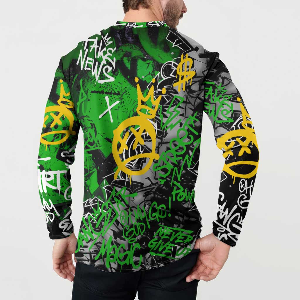 Graffiti Street Art Button Sweatshirt Smoking Ape Character and Neon Crown Symbols in Green and Yellow Graphic Design - Wonder Print Shop