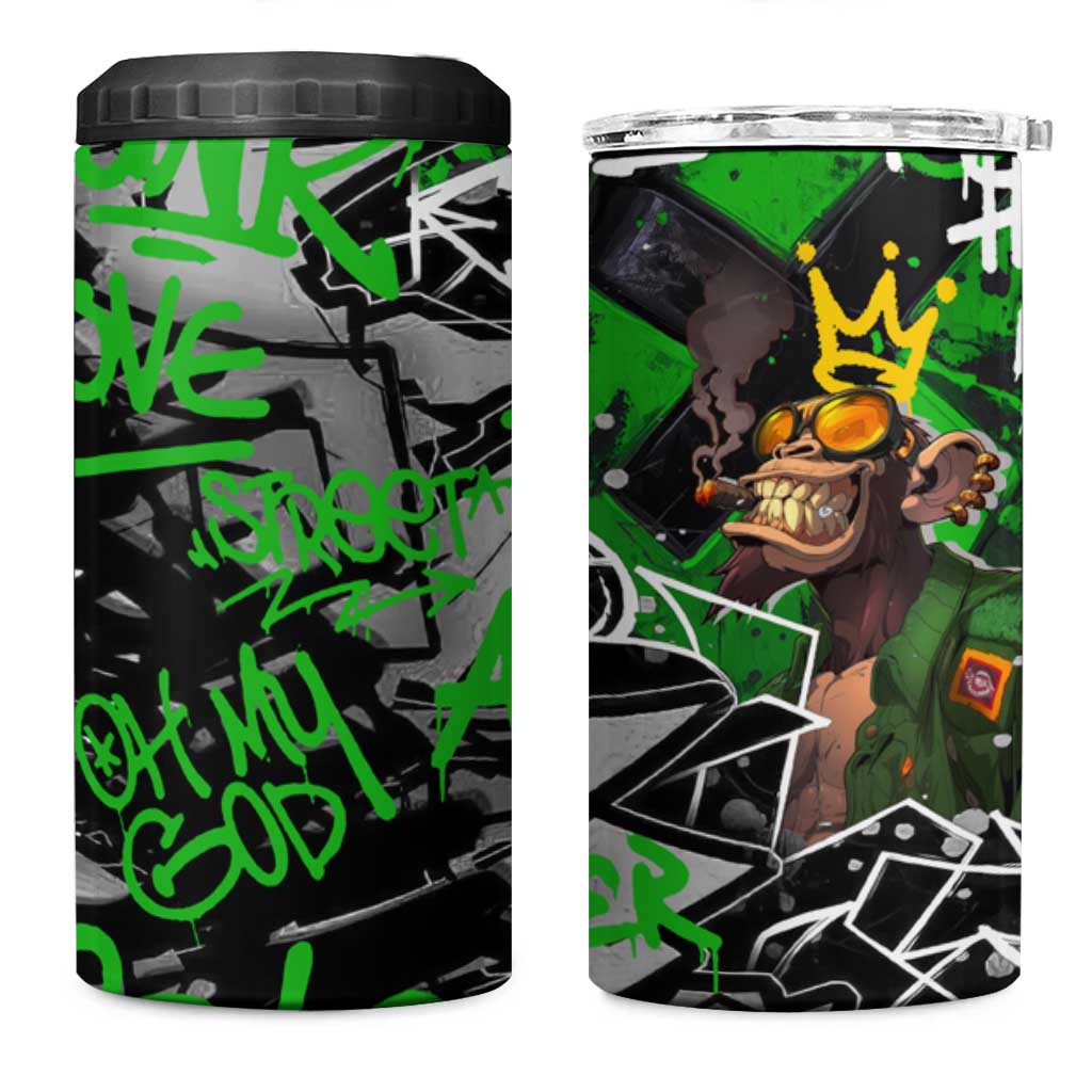 Graffiti Street Art 4 in 1 Can Cooler Tumbler Smoking Ape Character and Neon Crown Symbols in Green and Yellow Graphic Design - Wonder Print Shop