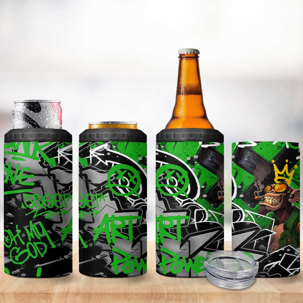 Graffiti Street Art 4 in 1 Can Cooler Tumbler Smoking Ape Character and Neon Crown Symbols in Green and Yellow Graphic Design - Wonder Print Shop