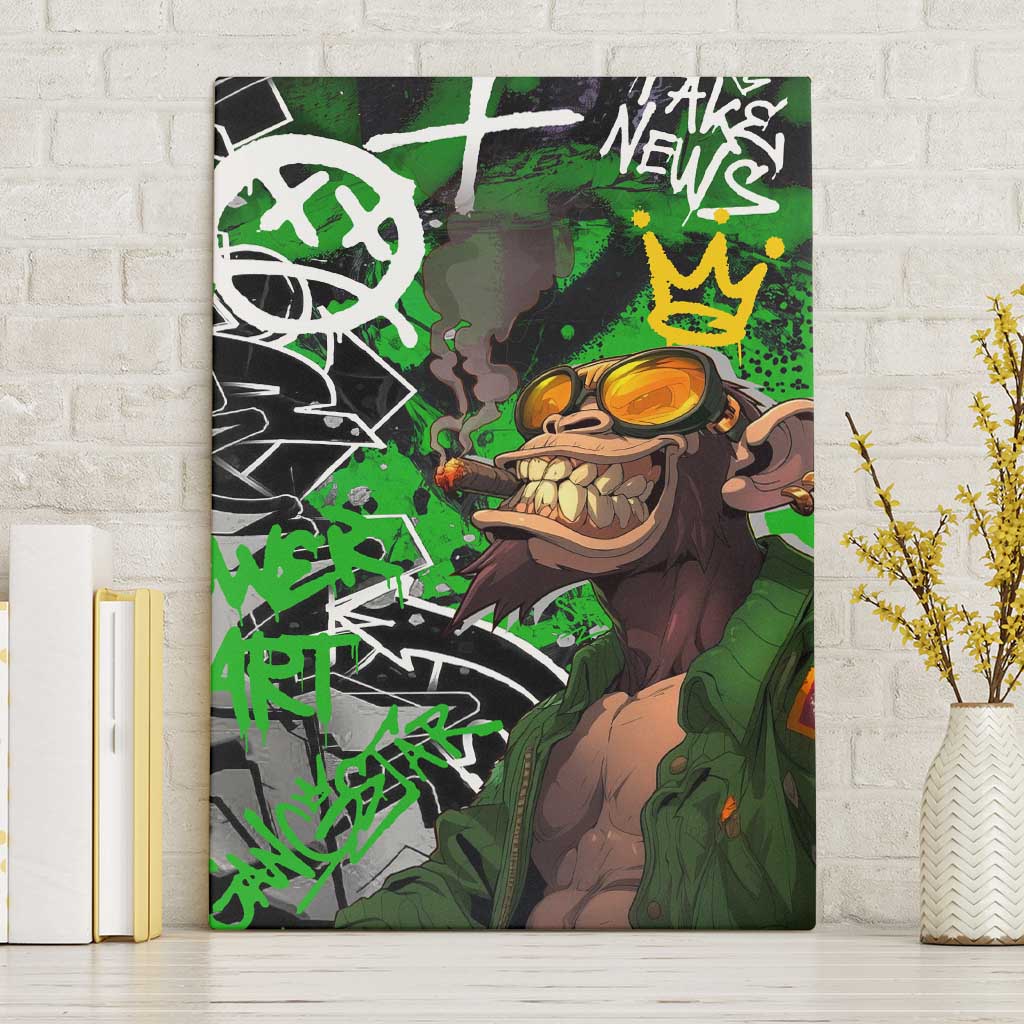 Graffiti Street Art Canvas Wall Art Smoking Ape Character and Neon Crown Symbols in Green and Yellow Graphic Design - Wonder Print Shop