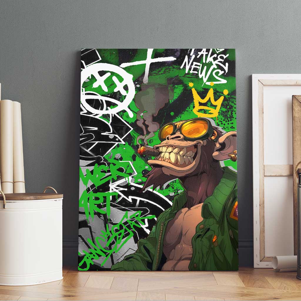 Graffiti Street Art Canvas Wall Art Smoking Ape Character and Neon Crown Symbols in Green and Yellow Graphic Design - Wonder Print Shop