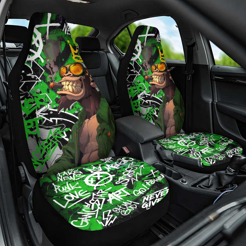 Graffiti Street Art Car Seat Cover Smoking Ape Character and Neon Crown Symbols in Green and Yellow Graphic Design - Wonder Print Shop