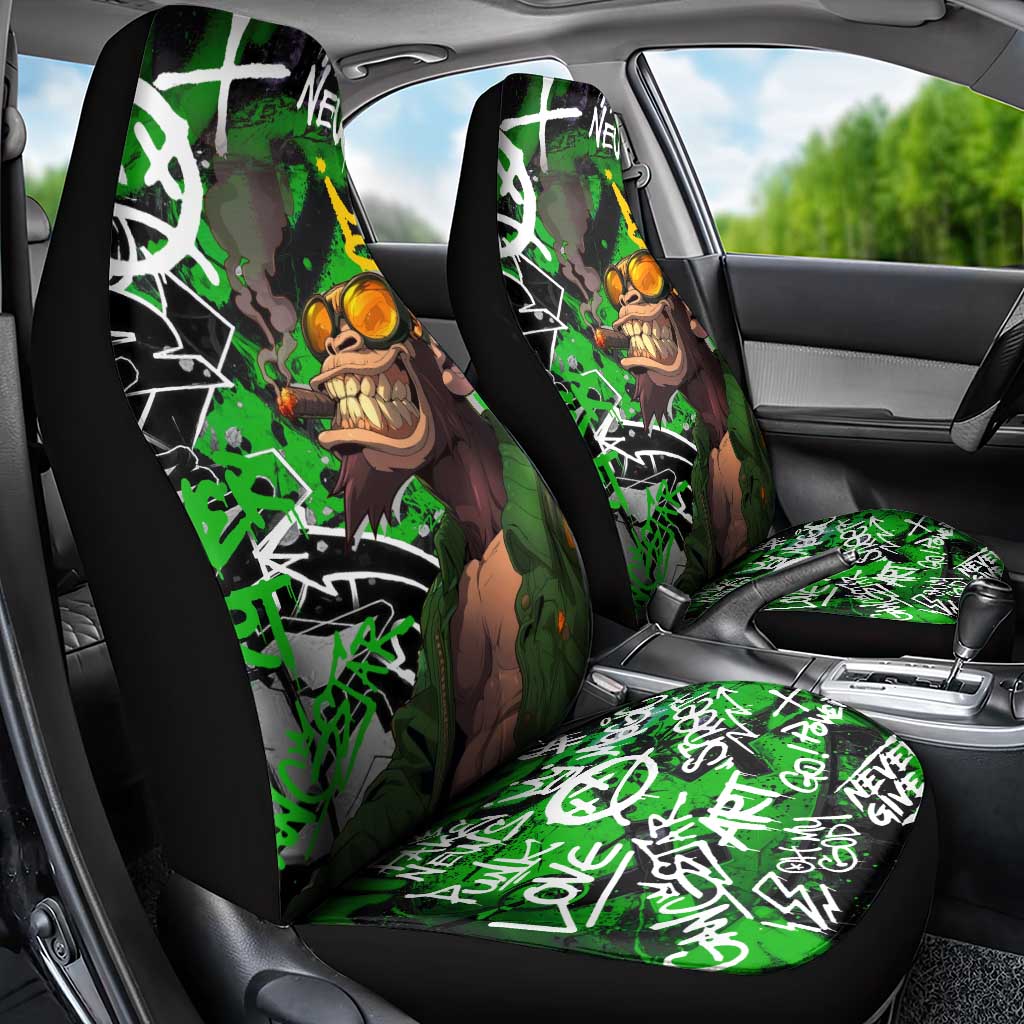Graffiti Street Art Car Seat Cover Smoking Ape Character and Neon Crown Symbols in Green and Yellow Graphic Design - Wonder Print Shop